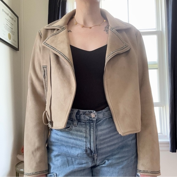 Zara Faux Suede Moto Jacket with Rhinestone Trim & Belt - Picture 4 of 11